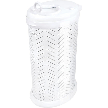 Ubbi stainless steel diaper pail herringbone front view for nursery