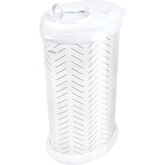 Ubbi stainless steel diaper pail herringbone front view for nursery
