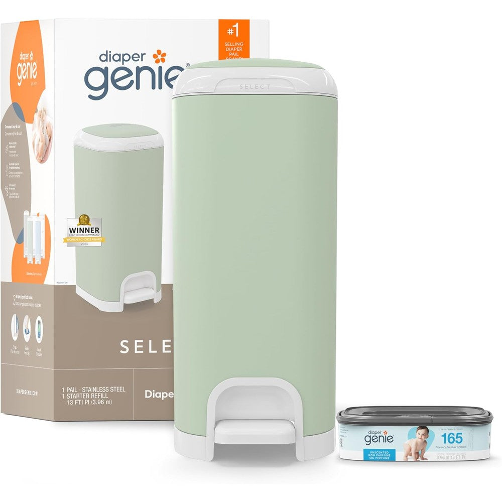 Diaper Genie Select Diaper Pail front view in sage green