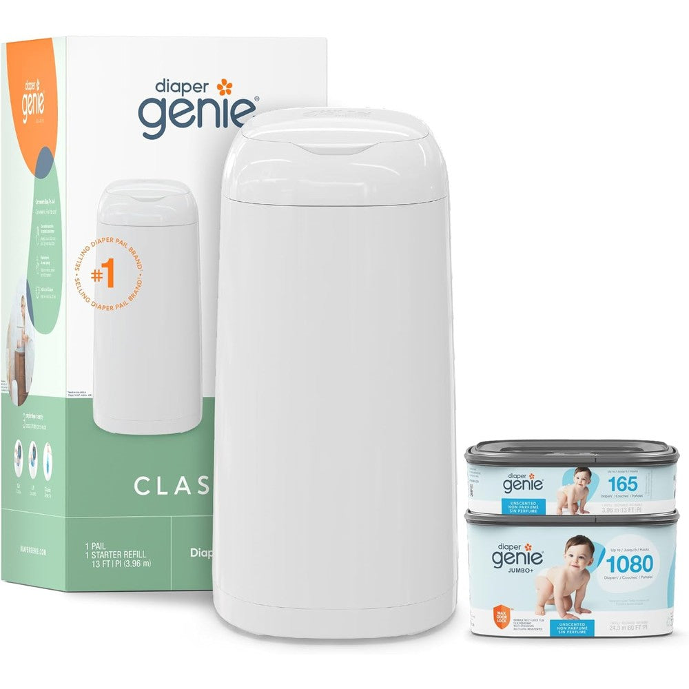 Diaper Genie Classic Diaper Pail front view with odor control clamp