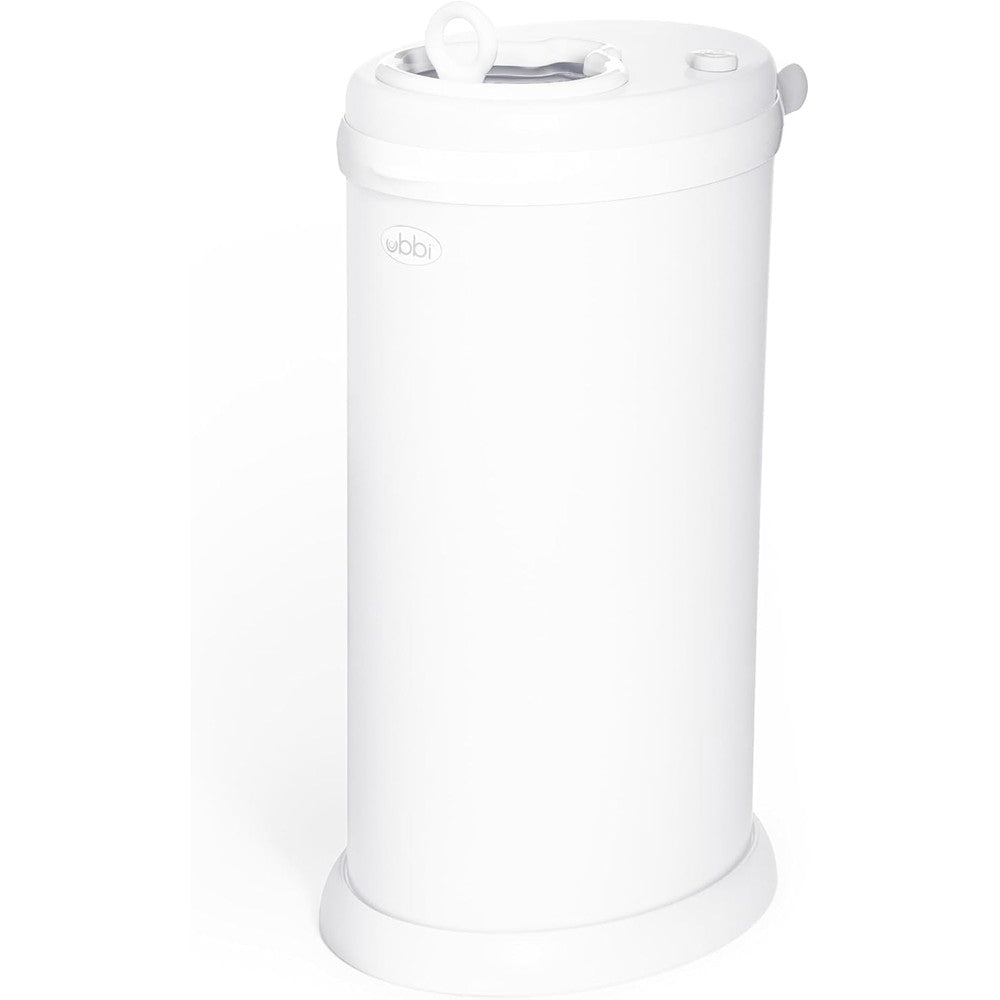 Front view of white Ubbi steel diaper pail for nursery