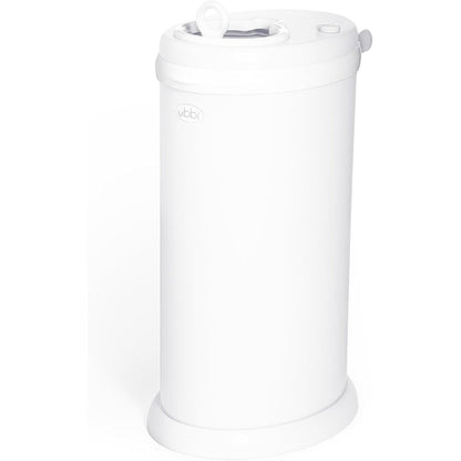 Front view of white Ubbi steel diaper pail for nursery