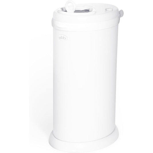 Front view of white Ubbi steel diaper pail for nursery