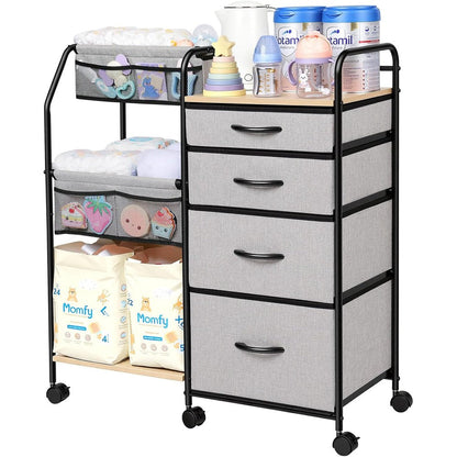 Fabuday baby diaper caddy organizer cart front view showing four fabric drawers for nursery storage.