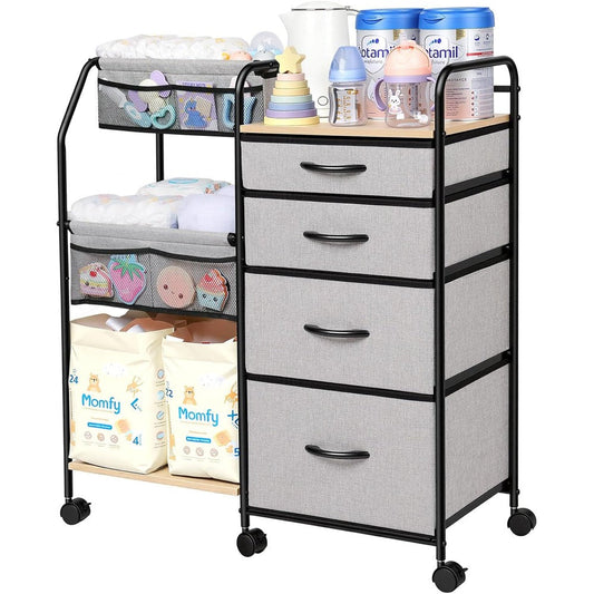 Fabuday baby diaper caddy organizer cart front view showing four fabric drawers for nursery storage.