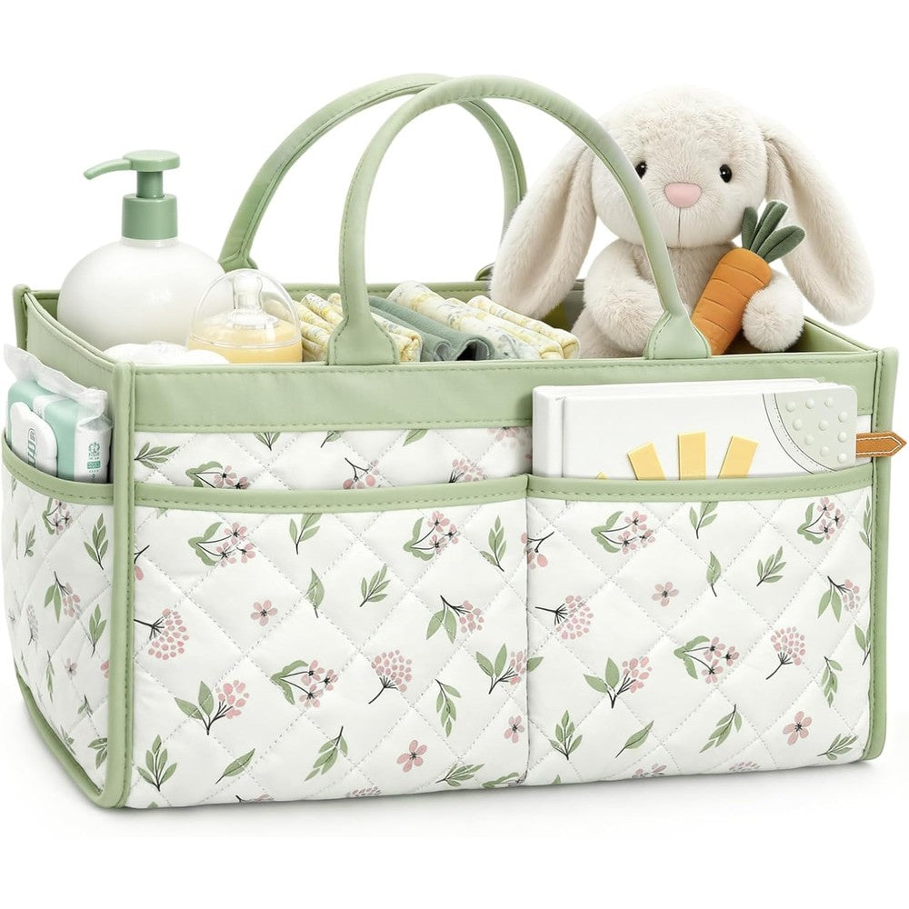 Tivellary baby diaper caddy organizer front view in sage green botanical
