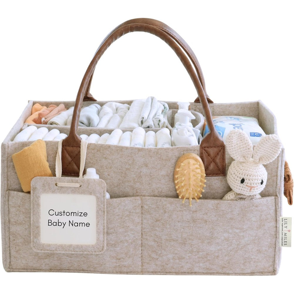 Lily Miles baby diaper caddy organizer front view in sand