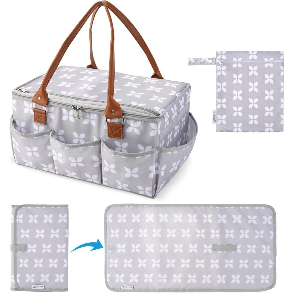 Moteph extra large diaper caddy organizer with grey fabric and lid front view