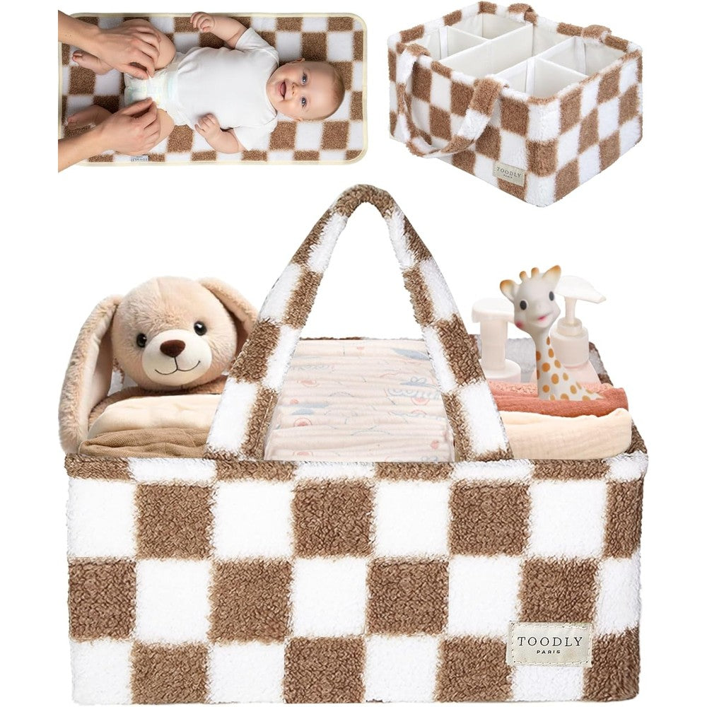 Toodly checkered diaper caddy with portable changing mat front view