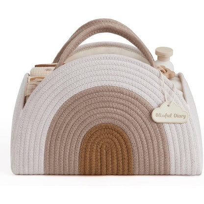 Blissful Diary earthy rainbow cotton rope diaper caddy front view
