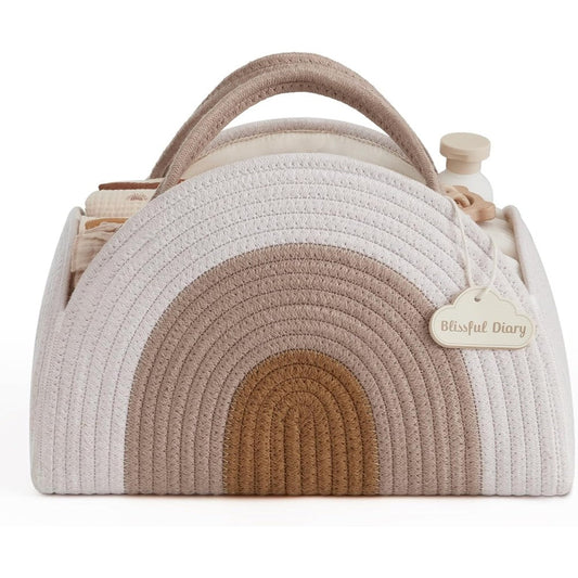 Blissful Diary earthy rainbow cotton rope diaper caddy front view