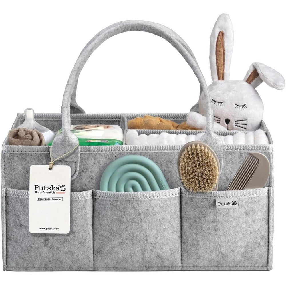 Putska baby diaper caddy organizer front view in neutral grey