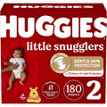 Huggies Little Snugglers Size 2 180 Count box front view showcasing authentic baby diapers package.
