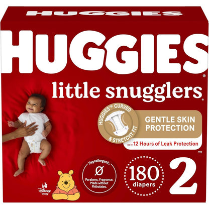 Huggies Little Snugglers Size 2 180 Count box front view showcasing authentic baby diapers package.