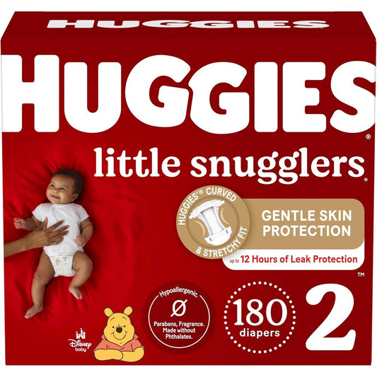 Huggies Little Snugglers Size 2 180 Count box front view showcasing authentic baby diapers package.