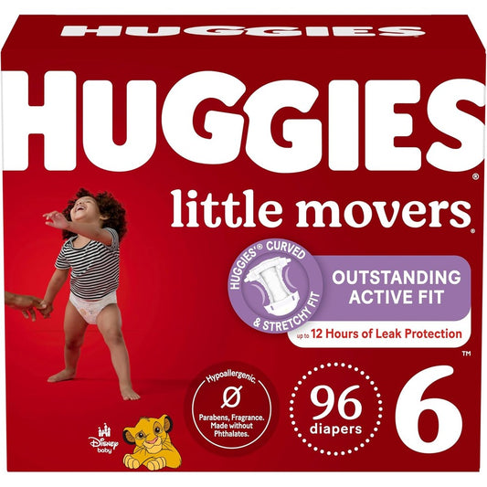 Huggies Little Movers Size Six baby diaper pack front view showcasing active fit design