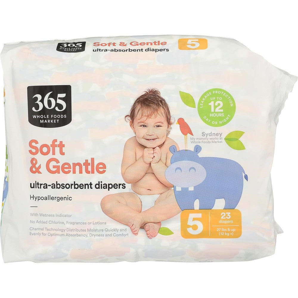 365 by Whole Foods Market Diapers Size 5 front packaging view highlighting ultra absorbent baby care
