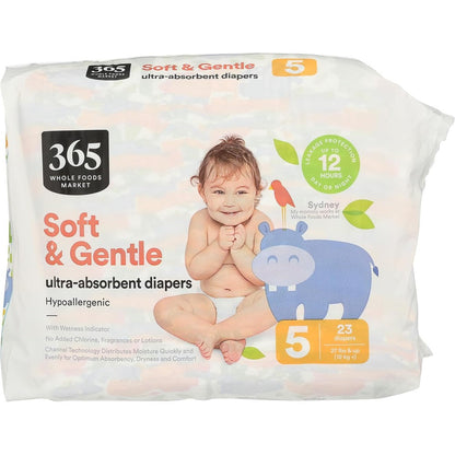 365 by Whole Foods Market Diapers Size 5 front packaging view highlighting ultra absorbent baby care