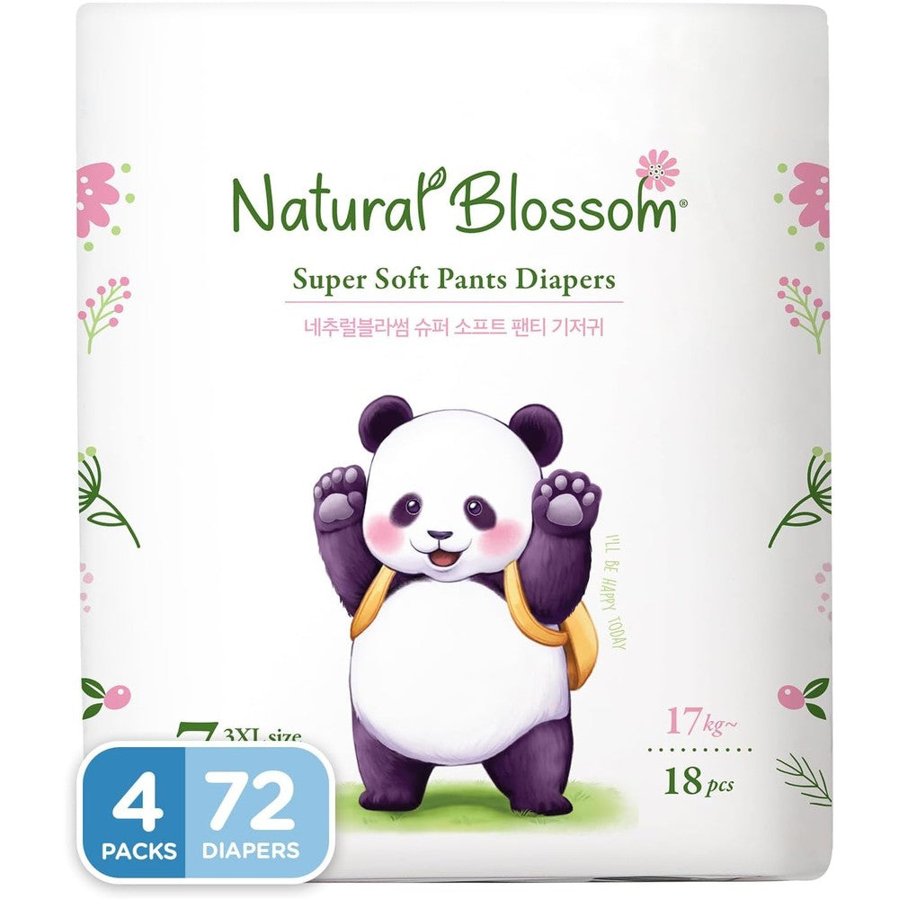 Natural Blossom Pull On Baby Diapers Size 7 front packaging view showing authentic USA imported packaging design.