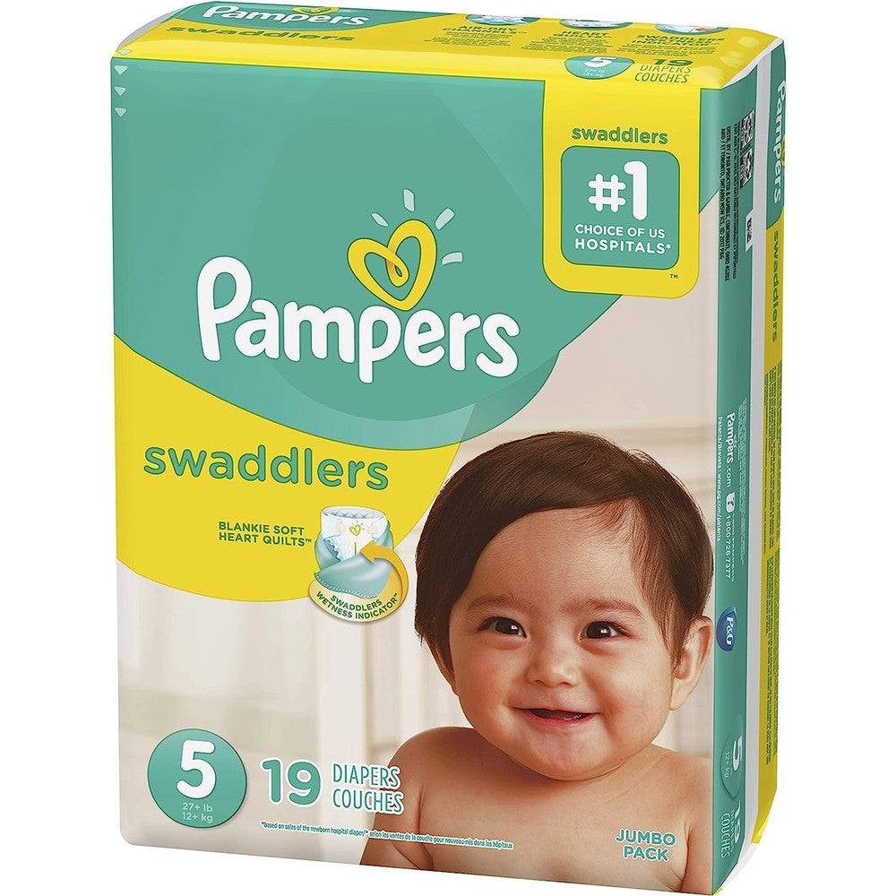 Pampers Swaddlers Active Baby Diapers Size 5 nineteen count packaging front view showing yellow and teal design.