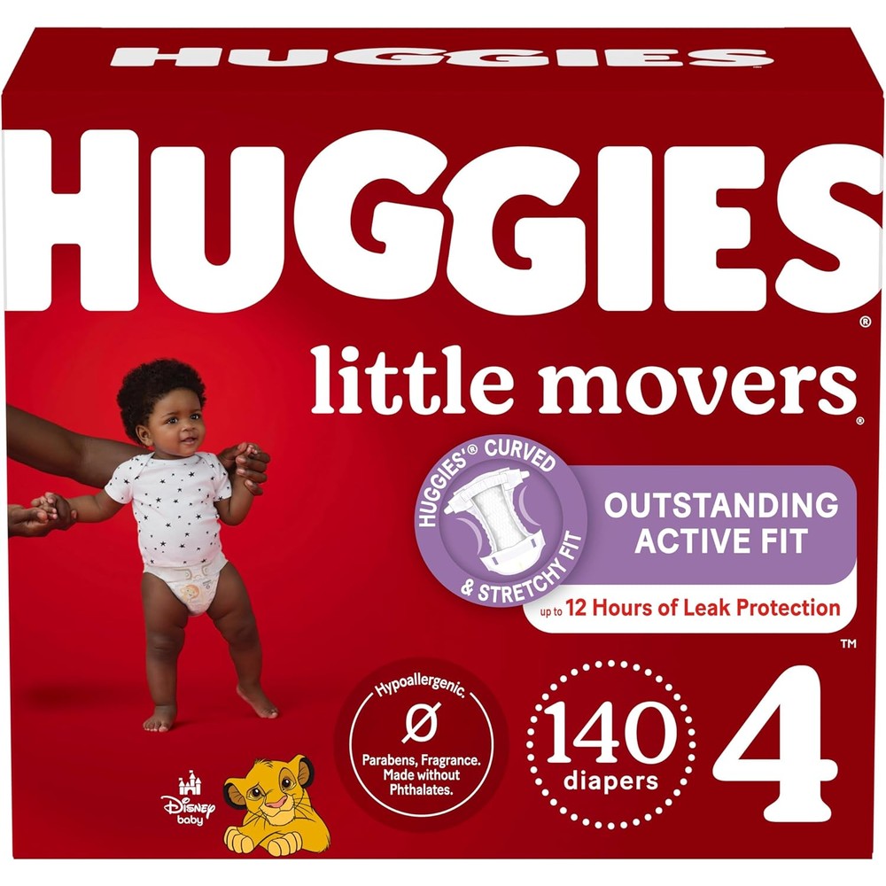 Huggies Little Movers Size Four baby diapers front retail packaging view showing premium imported branding.