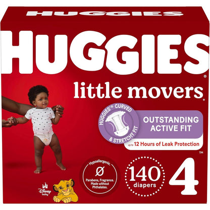 Huggies Little Movers Size Four baby diapers front retail packaging view showing premium imported branding.