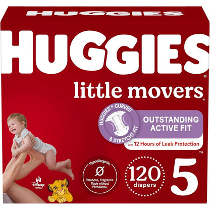 Huggies Little Movers Size 5 disposable baby diapers front box packaging showing active baby