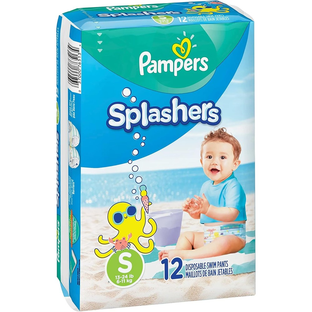 Pampers Splashers Disposable Swim Pants small size pack front view showing water safe baby swim diaper packaging.