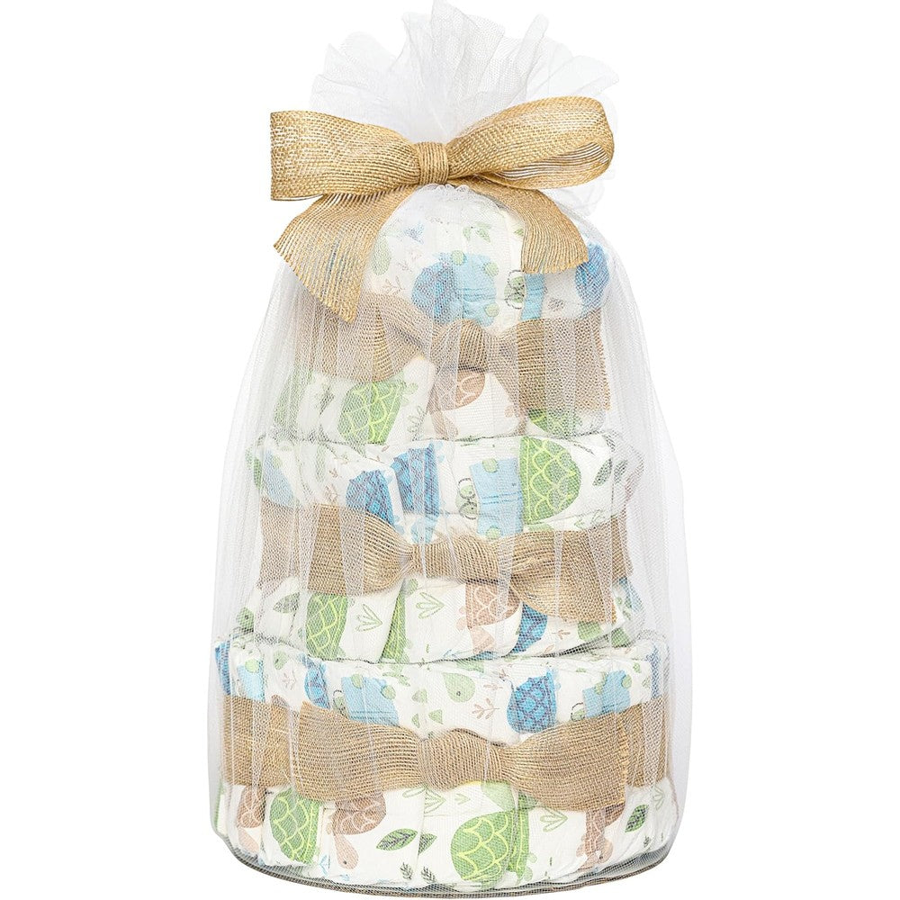 The Honest Company Diaper Cake Turtle Time front view showing tiered design and burlap bows