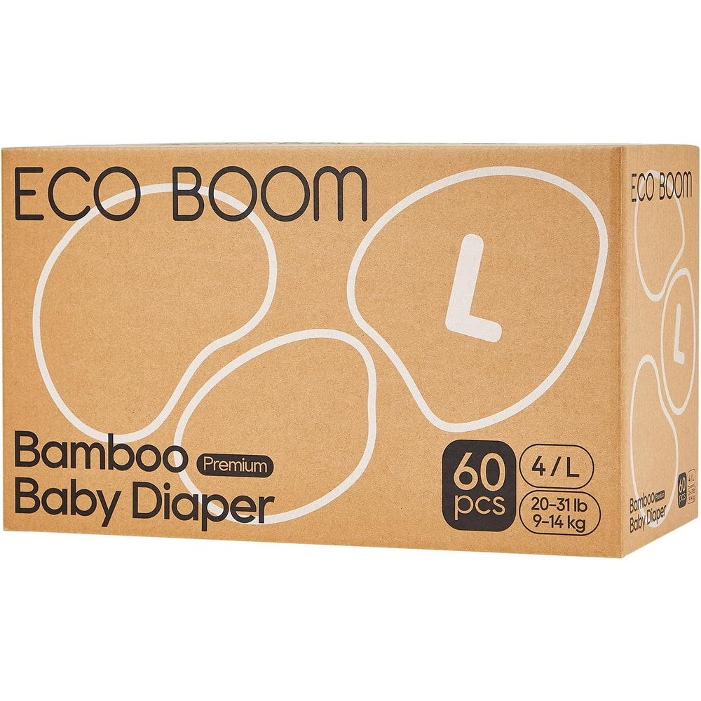 ECO BOOM Bamboo Viscose Baby Diapers Large 60 Count front packaging view showcasing natural soft eco friendly nappies.
