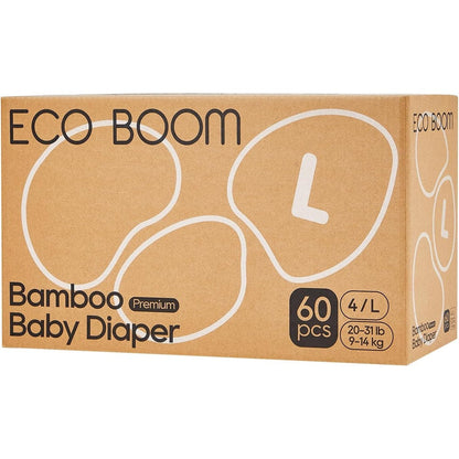 ECO BOOM Bamboo Viscose Baby Diapers Large 60 Count front packaging view showcasing natural soft eco friendly nappies.