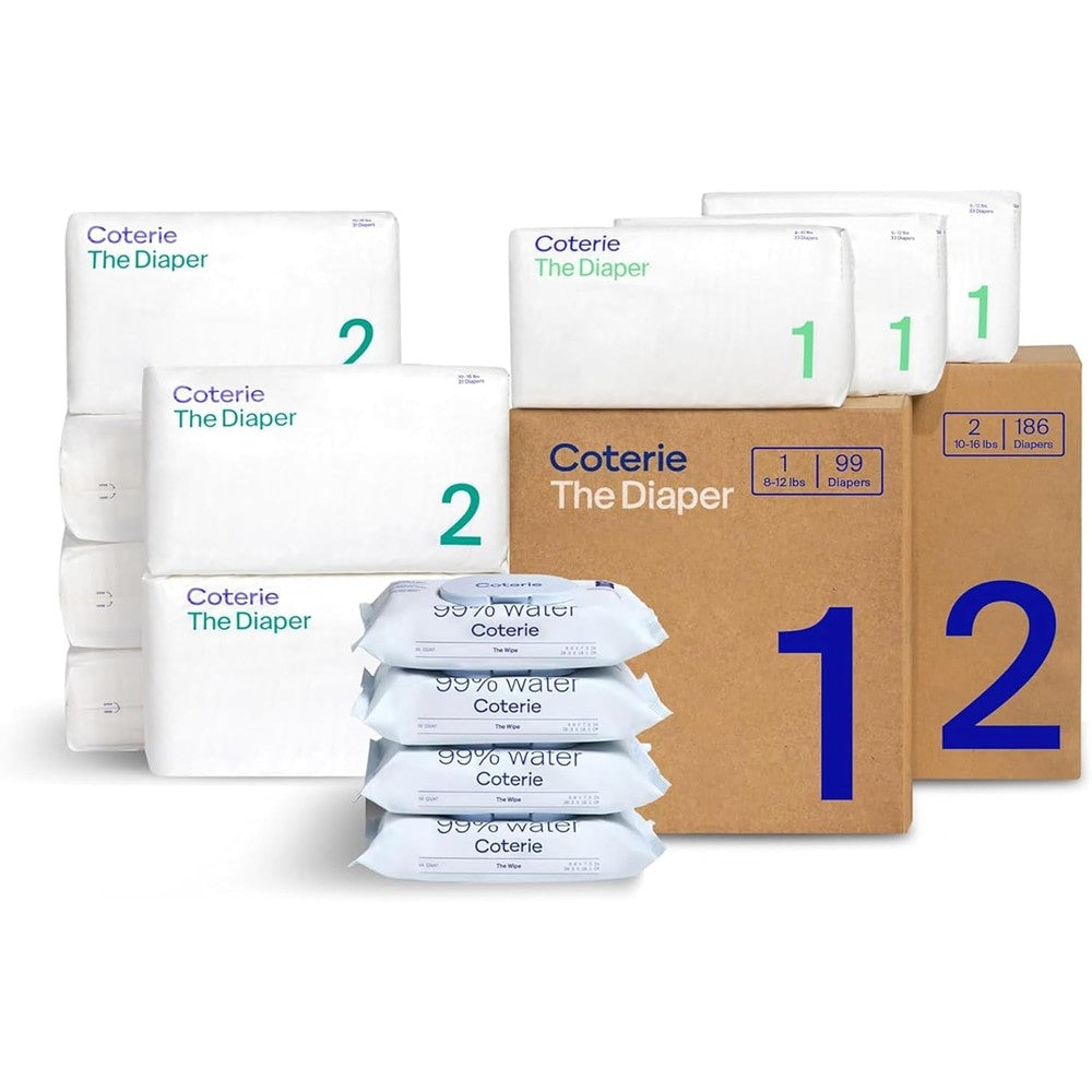 Coterie Baby Wipes and Diapers Kit front view showing product packaging.