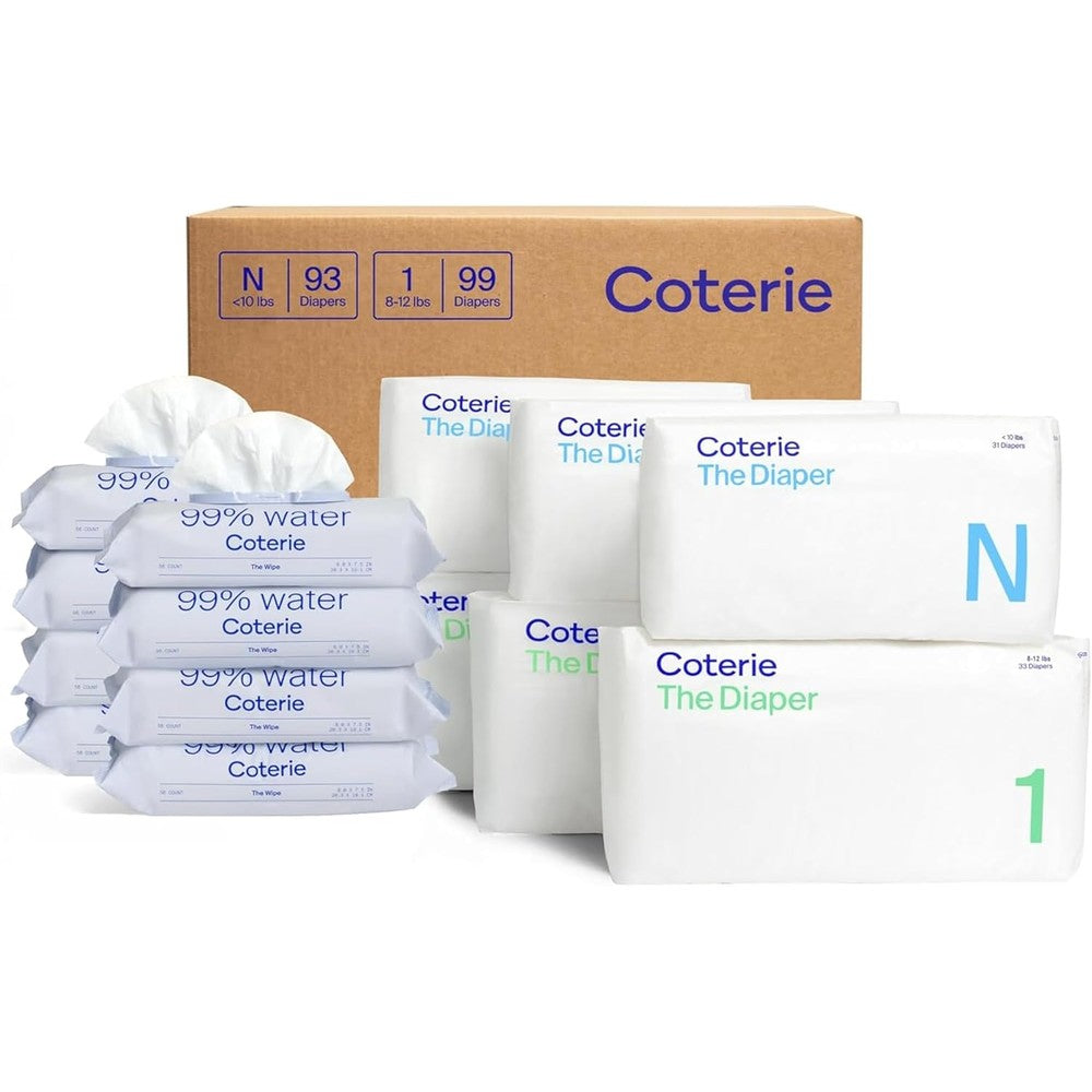 Coterie baby wipes and diapers kit front view premium packaging