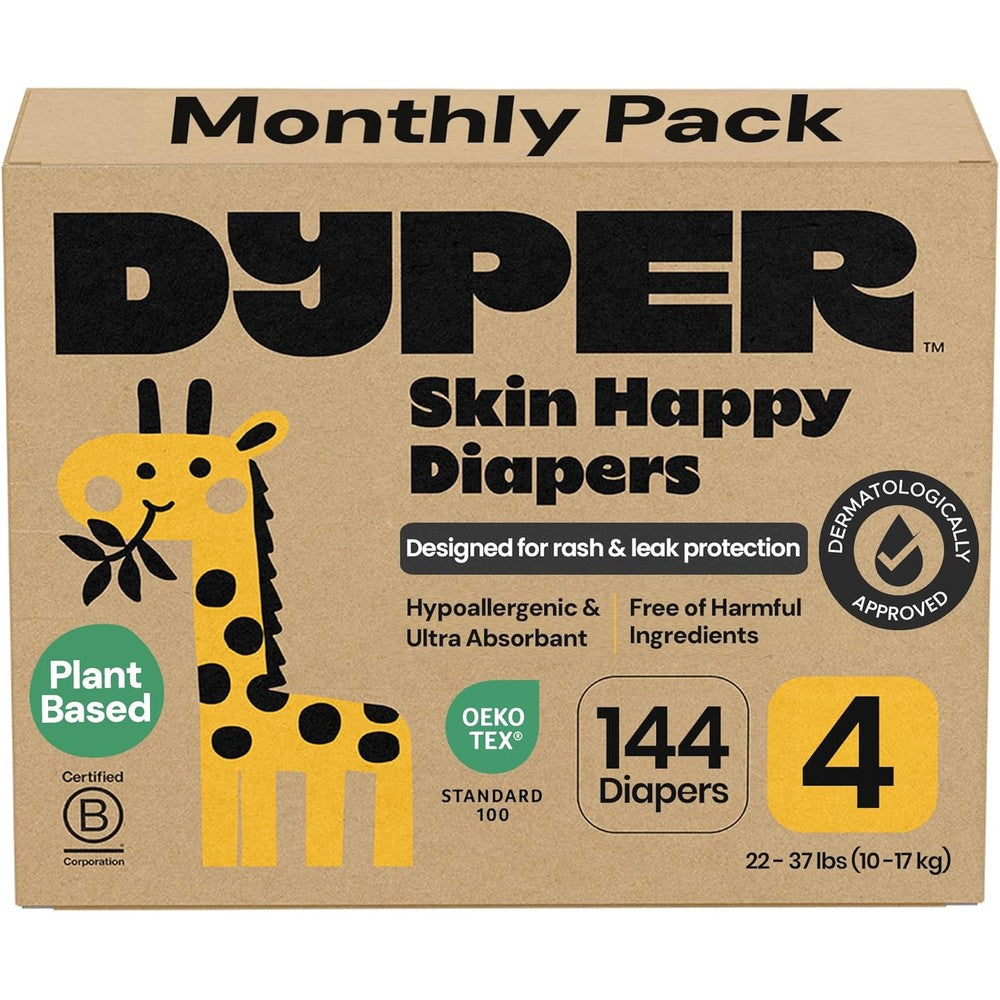 DYPER Monthly Pack Baby Diapers Size 4 front view of packaging box showing plant based bamboo design.