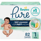 Pampers Pure Protection Size 1 eighty-two count packaging front view displaying premium hypoallergenic baby diapers.