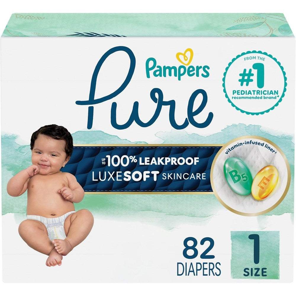Pampers Pure Protection Size 1 eighty-two count packaging front view displaying premium hypoallergenic baby diapers.