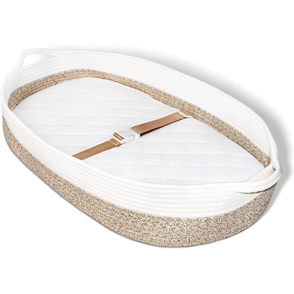 Lullababy and Co baby changing basket with waterproof diaper pad front view on nursery dresser table