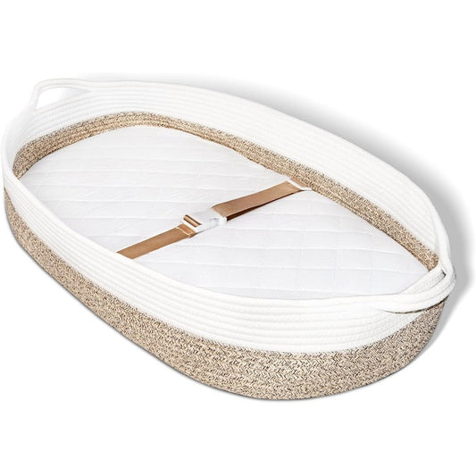 Lullababy and Co baby changing basket with waterproof diaper pad front view on nursery dresser table