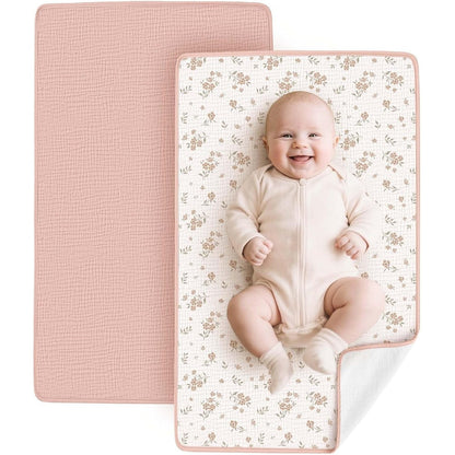 Konssy waterproof muslin cotton portable changing pad front view in pink blossom print.