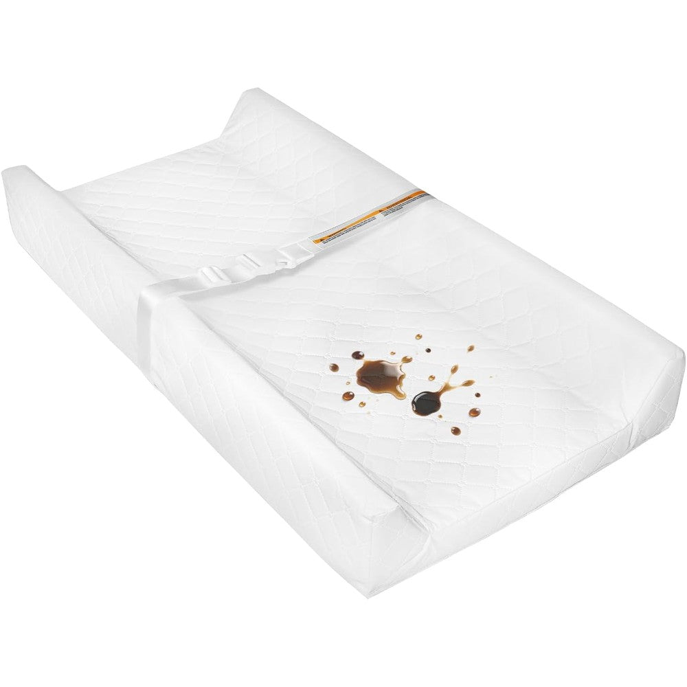 JVEOO waterproof baby changing pad front view showing white wipeable surface and safety strap