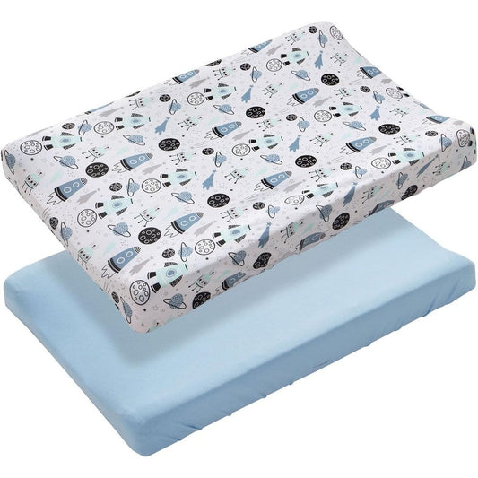 Little Tots Baby changing pad cover set front view with space and blue designs