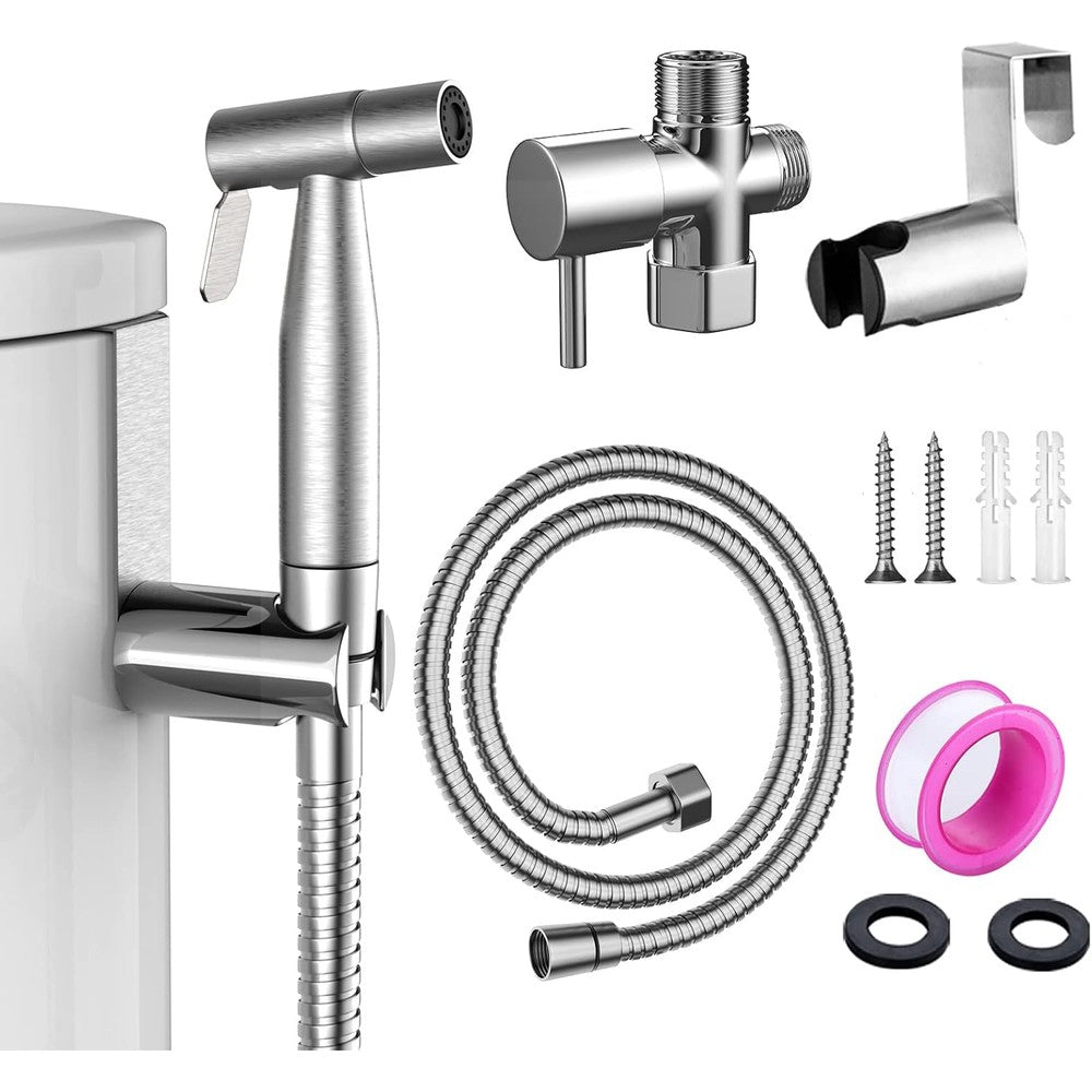 Belivor handheld bidet sprayer front view with brushed nickel finish.