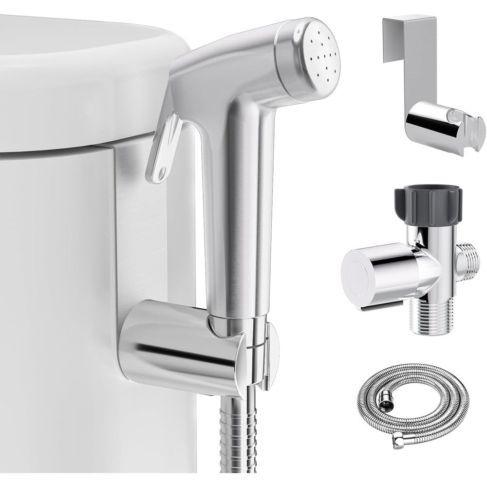 Shineforu handheld bidet sprayer brushed nickel front view with sprayer head