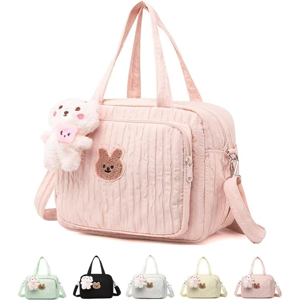 Lushandy quilted pink baby diaper bag tote front view with detachable bear toy