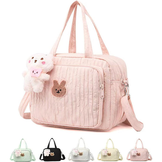 Lushandy quilted pink diaper bag tote front view with bear toy