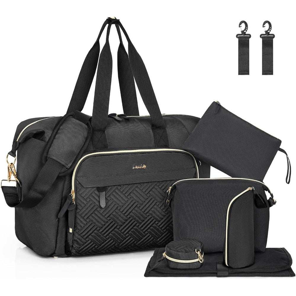 Lasuk 7 piece diaper tote bag black front view