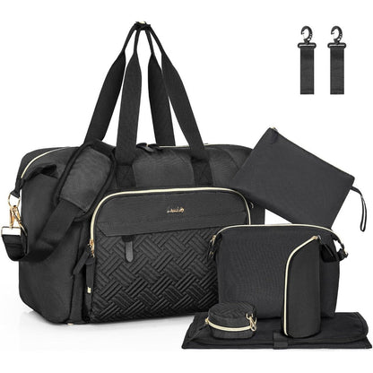 Lasuk 7 piece diaper tote bag black front view