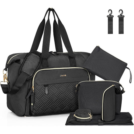 Lasuk 7 piece diaper tote bag black front view