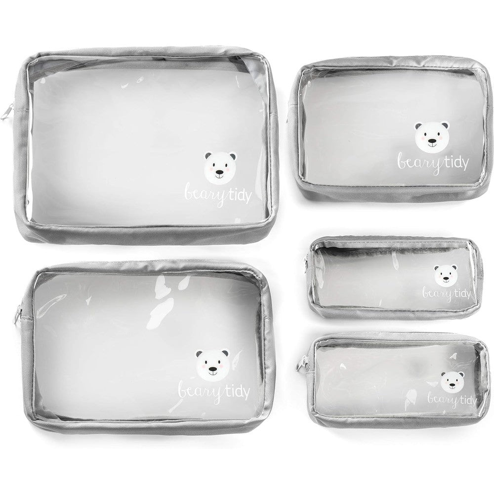 Beary Tidy 5 Piece Diaper Bag Organizer Pouch Set front view with bear logo
