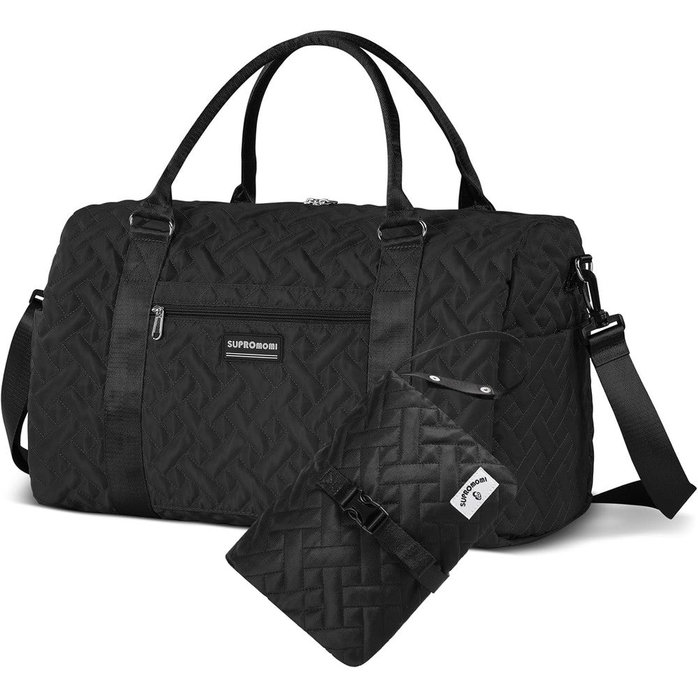 Supromomi black quilted diaper bag tote front view